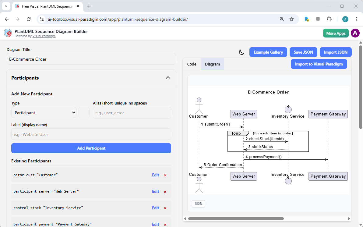 PlantUML Sequence Diagram Builder के साथ ई-कॉमर्स ऑर्डर फ्लो को दृश्यमान बनाना PlantUML Sequence Diagram Builder के साथ ई-कॉमर्स ऑर्डर फ्लो को दृश्यमान बनाना