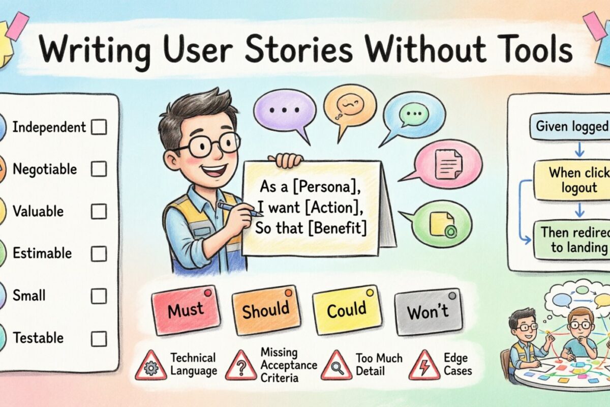 उपकरणों के बिना उपयोगकर्ता कहानियाँ लिखना: नए इंजीनियरों के लिए एक मैन्युअल गाइड