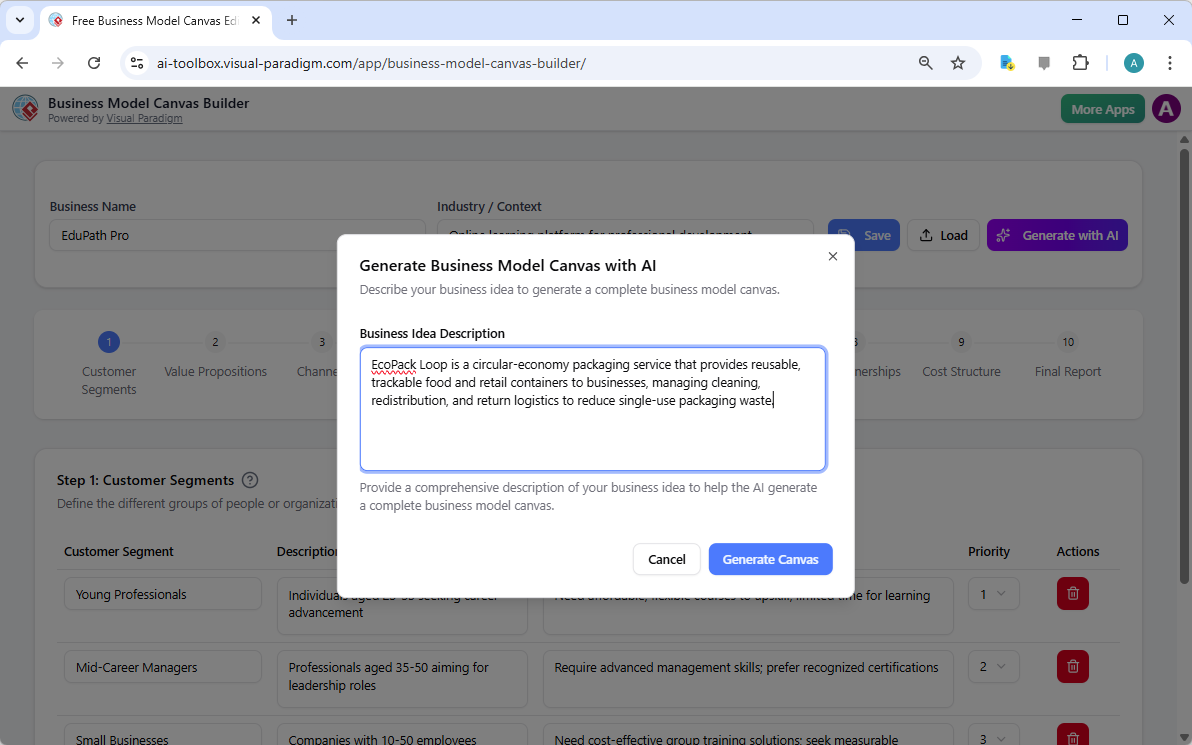 制定永續循環經濟策略：使用 Visual Paradigm AI 驅動的商業模式畫布建構工具