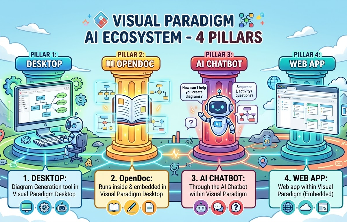 Bốn trụ cột của mô hình hóa trực quan được hỗ trợ bởi AI trong Visual Paradigm Bốn trụ cột của mô hình hóa trực quan được hỗ trợ bởi AI trong Visual Paradigm