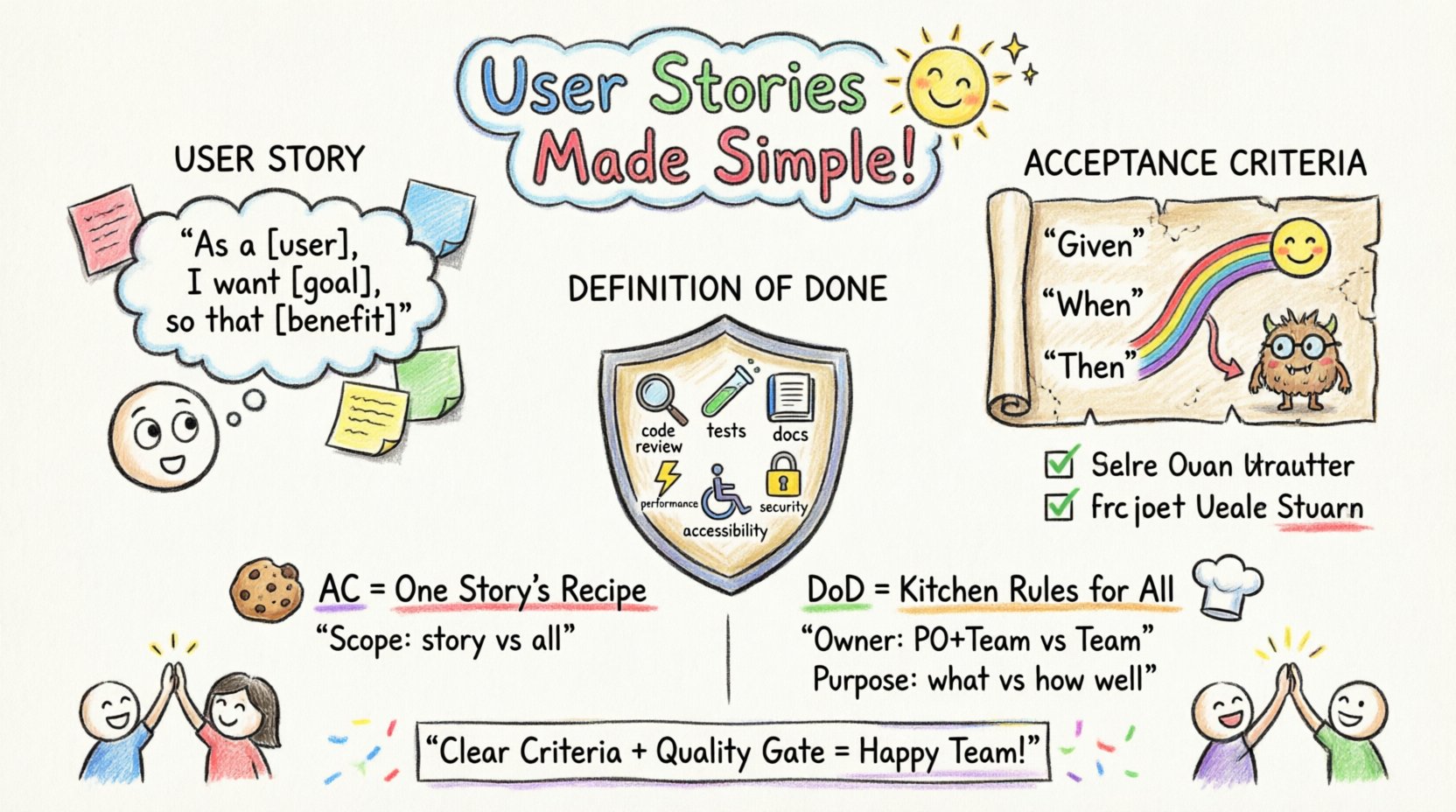 Hand-drawn child-style infographic explaining agile development concepts: user story format, acceptance criteria with Given/When/Then examples, and definition of done quality checklist, using colorful playful illustrations like treasure maps, shields, and checklists to visualize software team workflows