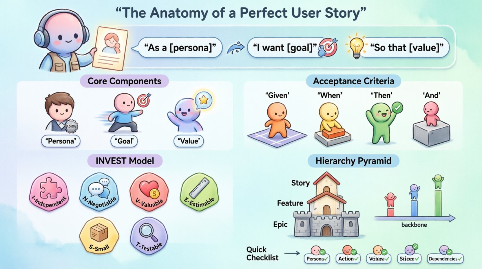 Chibi-style infographic illustrating the anatomy of a perfect user story: featuring the As a/I want/So that formula, core components (Persona, Goal, Value), Gherkin acceptance criteria syntax (Given/When/Then), INVEST model badges (Independent, Negotiable, Valuable, Estimable, Small, Testable), story mapping hierarchy (Epics → Features → Stories), and a quick reference checklist, designed with cute characters and vibrant pastel colors for agile product teams