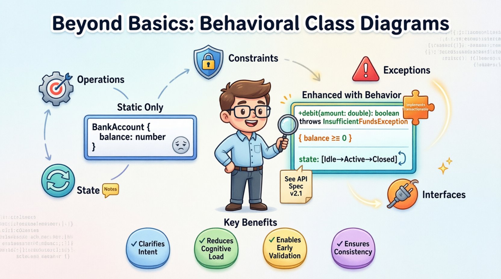 Cartoon infographic illustrating how to enhance static UML class diagrams with behavioral details: method signatures with parameters and exceptions, constraints and invariants, state transitions, interface contracts, and annotations. Features a before/after BankAccount class example, six key enhancement elements with icons, and benefits including clarified intent, reduced cognitive load, early validation, and design-code consistency for software engineers.