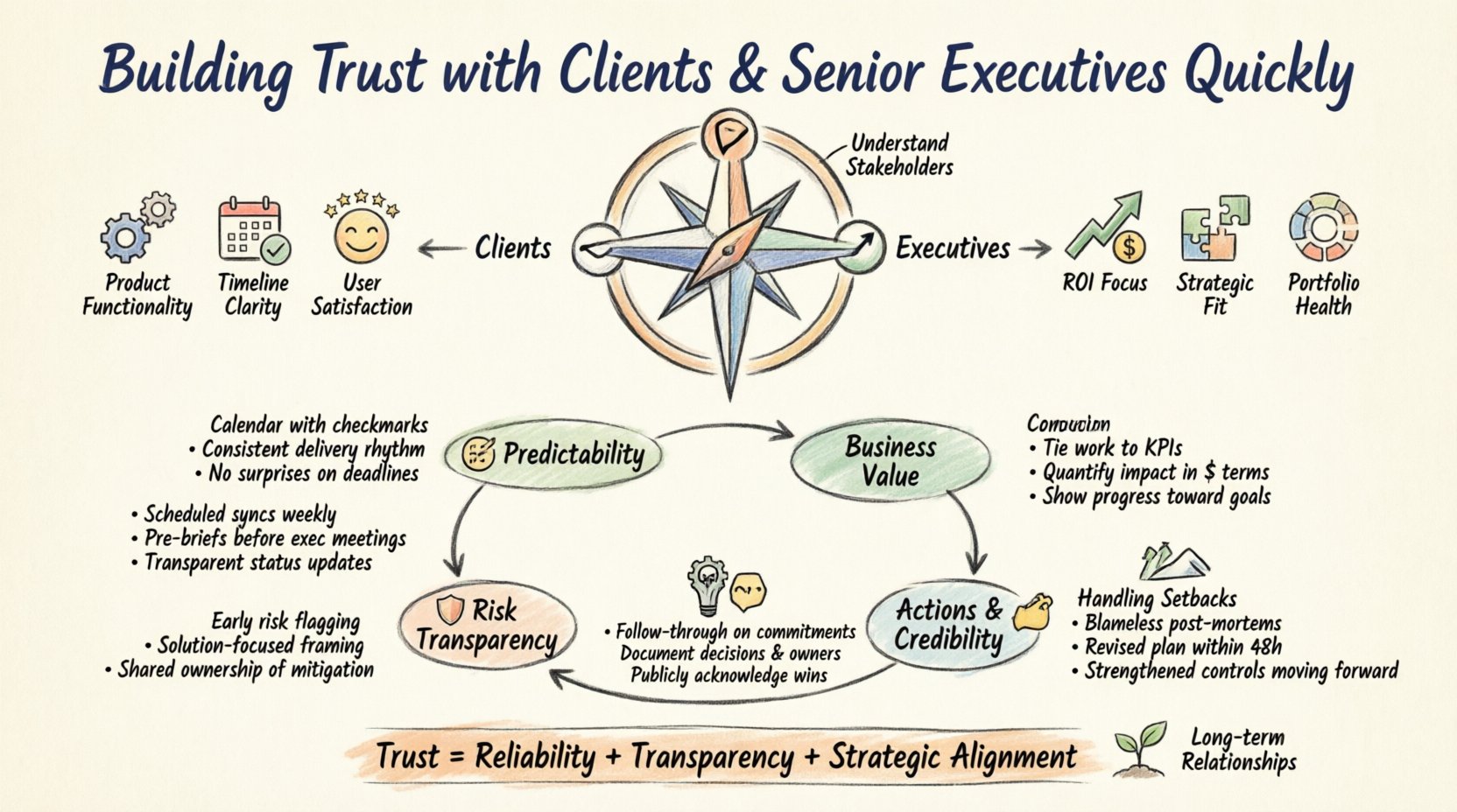 Hand-drawn infographic illustrating 8 core principles for building trust with clients and senior executives in project management: understanding stakeholder differences, predictability, communication cadence, risk transparency, strategic alignment, non-verbal credibility, handling setbacks, and maintaining long-term relationships