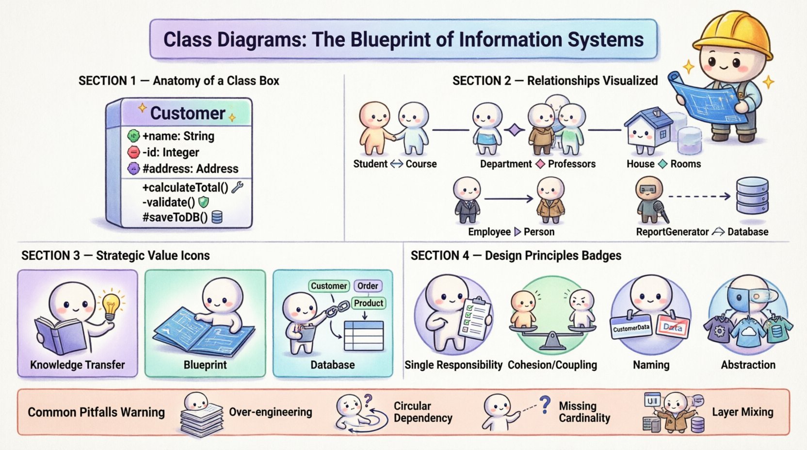 Chibi-style infographic explaining UML class diagrams for information systems: illustrates class anatomy with attributes and operations, five relationship types (association, aggregation, composition, inheritance, dependency), design principles like single responsibility and low coupling, plus strategic value for documentation and database schema design, all visualized with cute chibi characters in 16:9 widescreen format for software engineering education