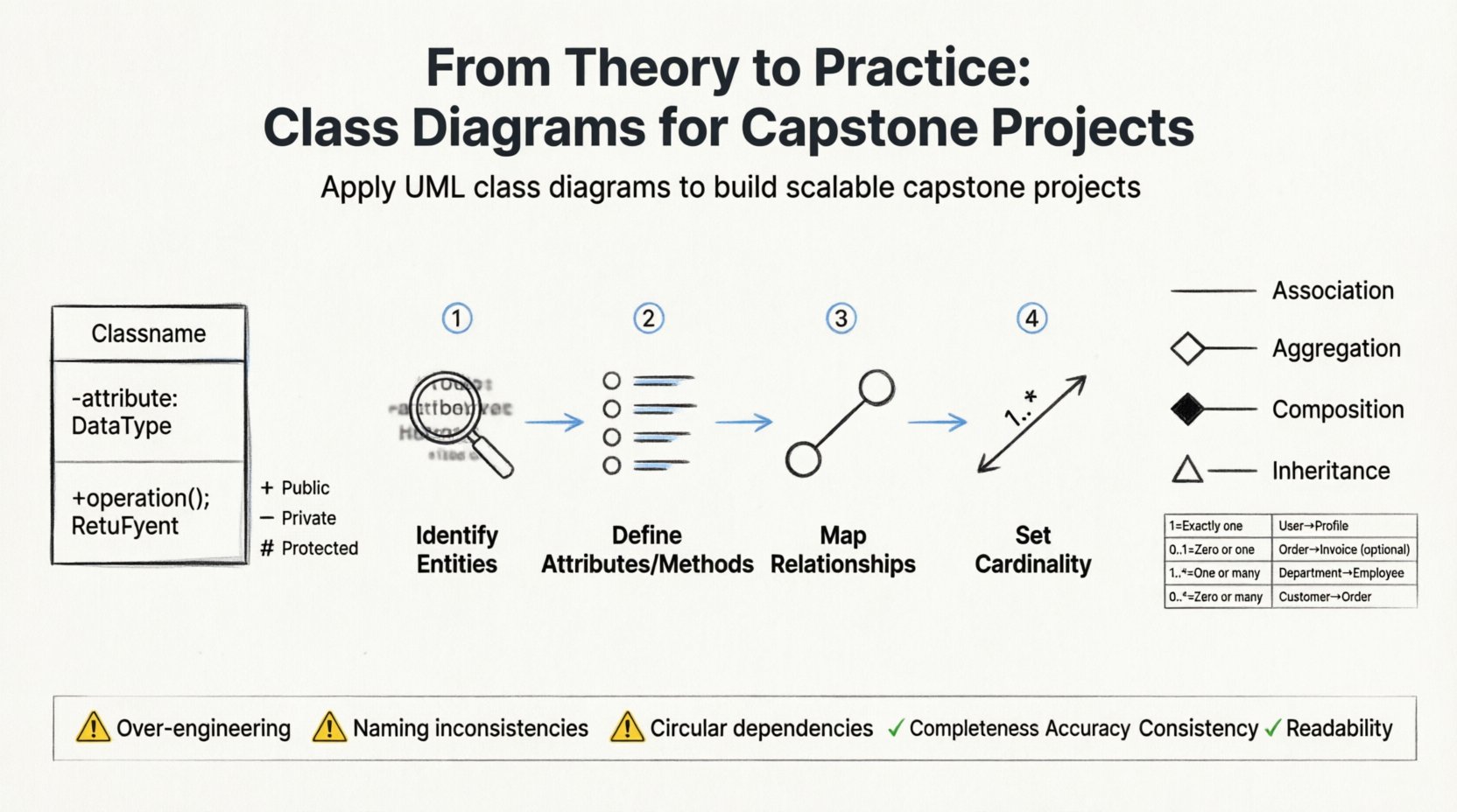 Line art infographic illustrating how to apply UML class diagram concepts to capstone projects, featuring class structure templates with visibility markers, four-step design process flow, UML relationship symbols (association, aggregation, composition, inheritance), cardinality notations with examples, common pitfalls to avoid, and a validation checklist for implementation