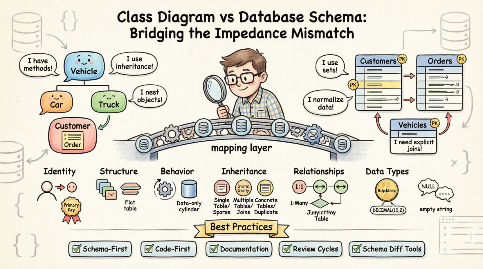 Cartoon infographic illustrating the impedance mismatch between object-oriented class diagrams and relational database schemas, showing key differences in identity, structure, behavior, inheritance strategies, relationship mapping, data types, and naming conventions, plus best practices for alignment including schema-first approach, documentation, and automated diff tools