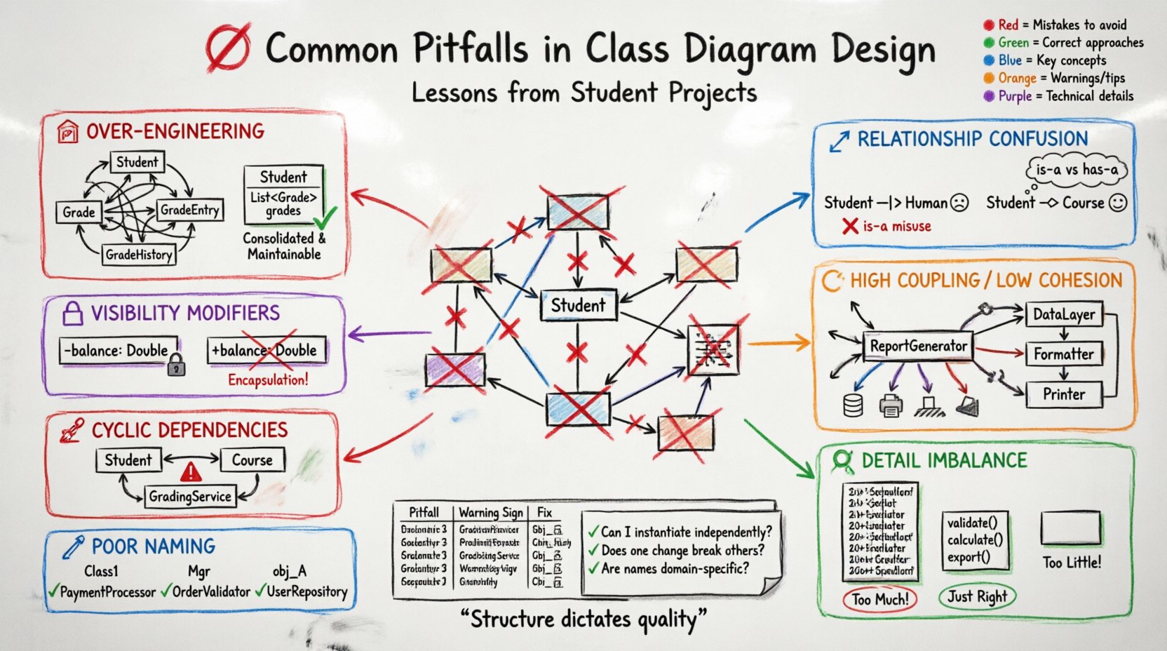 Hand-drawn whiteboard infographic illustrating 7 common class diagram design pitfalls: over-engineering with excessive classes, confusing inheritance vs association relationships, ignoring visibility modifiers, high coupling with low cohesion, cyclic dependencies between classes, imbalanced detail levels, and poor naming conventions. Each pitfall shows mistake examples in red markers and correct approaches in green markers, with UML notation sketches, color-coded sections, and a quick-reference checklist for reviewing object-oriented design.