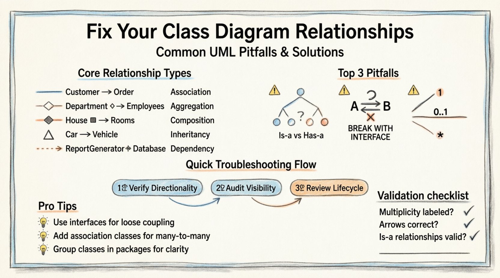 Marker-style infographic illustrating UML class diagram troubleshooting: shows five core relationship types (association, aggregation, composition, inheritance, dependency) with notation symbols, highlights three common pitfalls (inheritance vs composition confusion, circular dependencies, ambiguous multiplicity), presents a 3-step troubleshooting workflow, and includes a validation checklist for software architects and developers