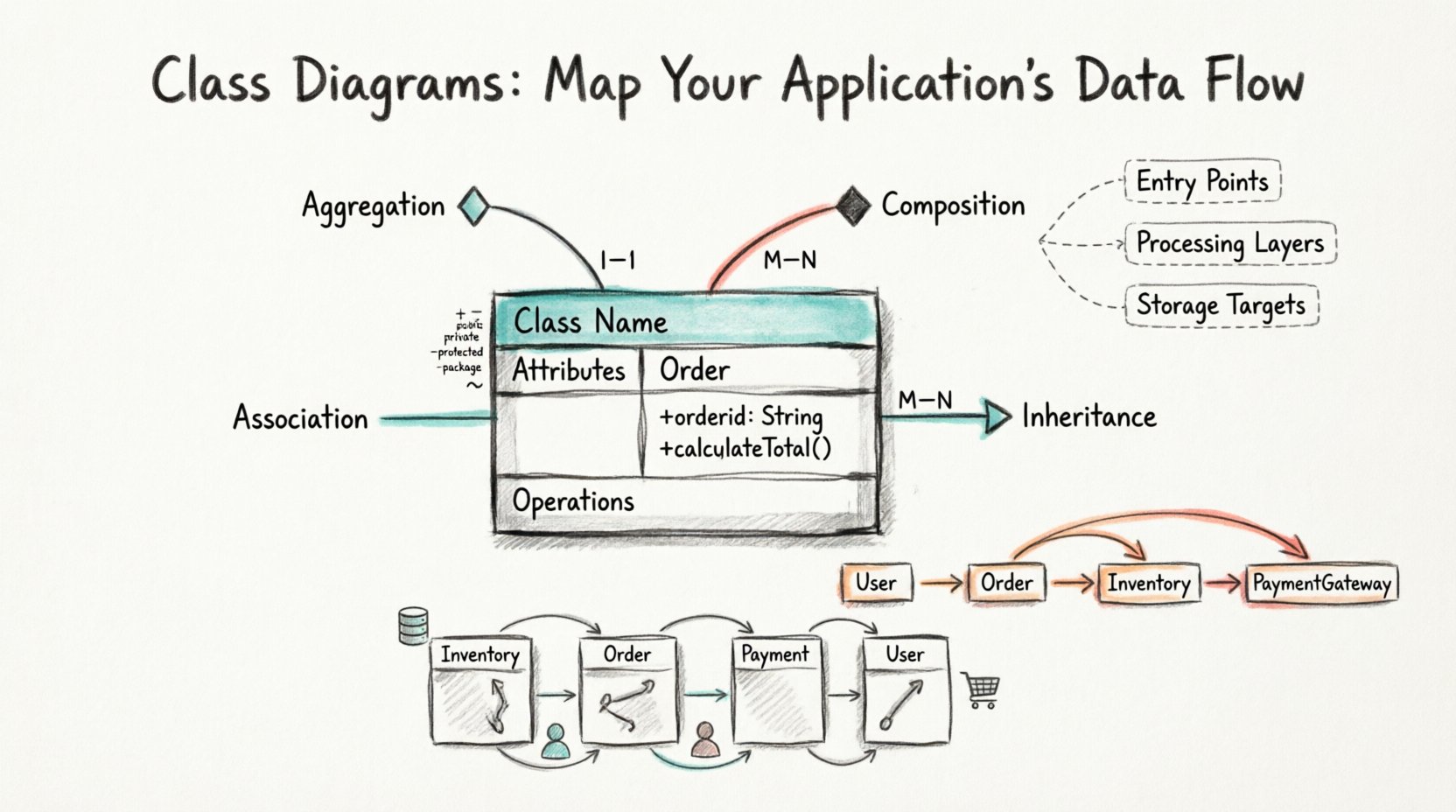Hand-drawn infographic illustrating class diagram fundamentals for visualizing data flow in object-oriented applications, showing class anatomy with name/attributes/operations sections, relationship types (association, aggregation, composition, inheritance), visibility modifiers (+/-/#/~), cardinality notations (1-1, 1-N, M-N), and an e-commerce data flow example tracing User → Order → Inventory → PaymentGateway with entry points, processing layers, and storage targets labeled