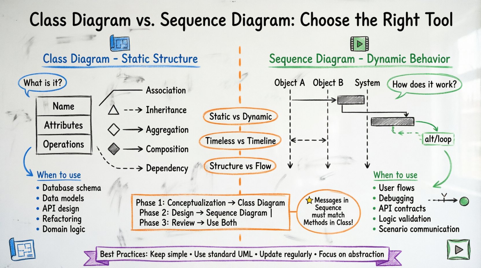 Hand-drawn whiteboard infographic comparing UML Class Diagrams and Sequence Diagrams for software design, showing static structure vs dynamic behavior, key components, use cases, and decision guidelines for developers and architects