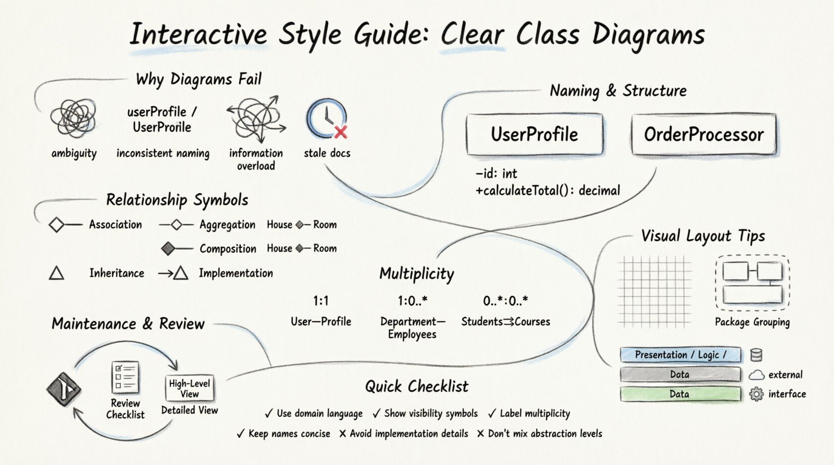 Sketch-style infographic illustrating best practices for writing clear UML class diagrams: PascalCase naming conventions, visibility symbols (+/-/#/~), relationship notation (association, aggregation, composition, inheritance, implementation), multiplicity indicators (1:1, 1:0..*, 0..*:0..*), visual layout principles with grid alignment and orthogonal lines, package grouping strategies, and maintenance protocols for version control and team review cycles