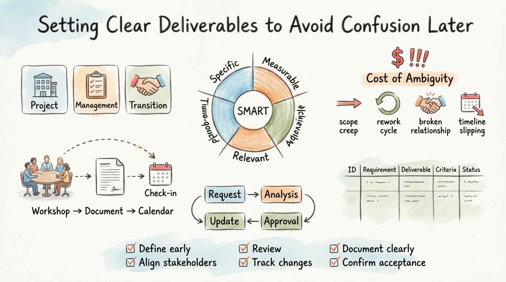 Hand-drawn infographic illustrating how to set clear project deliverables: shows three deliverable types (project, management, transition), SMART criteria framework, costs of ambiguity (scope creep, rework, strained relationships), communication strategies, traceability matrix example, change control process, and a clarity checklist - all designed to help project managers avoid confusion and ensure successful project outcomes