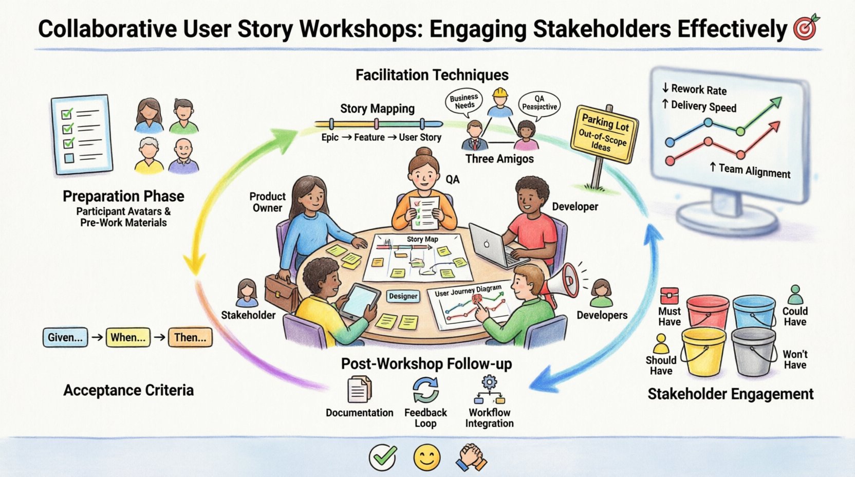 Cartoon infographic illustrating collaborative user story workshops: shows diverse team members (product owner, developers, designers, QA, stakeholders) working together through preparation, facilitation techniques like story mapping and Three Amigos approach, stakeholder engagement with MoSCoW prioritization, acceptance criteria using Given-When-Then format, and post-workshop follow-up steps to achieve clarity, alignment, and successful software delivery