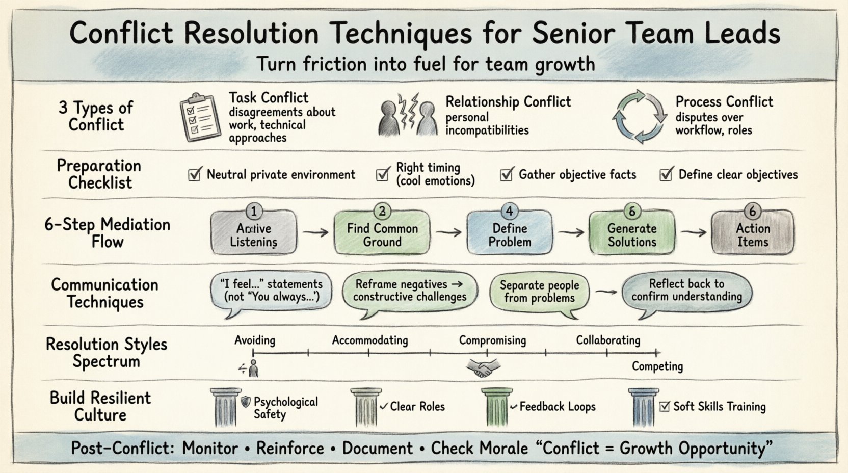 Sketch-style infographic illustrating conflict resolution techniques for senior team leads, showing three conflict types (task, relationship, process), preparation checklist, six-step mediation process flow, communication techniques with I-statements and reframing, conflict resolution styles spectrum from avoiding to collaborating, and culture-building pillars for psychological safety, clear roles, feedback loops, and training