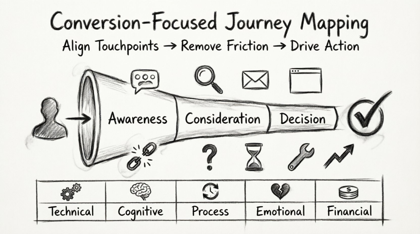 Charcoal sketch infographic illustrating a conversion-focused customer journey mapping framework, showing a three-stage funnel (Awareness, Consideration, Decision) flowing toward a conversion goal, with hand-drawn icons for personas, touchpoints, five friction types (Technical, Cognitive, Process, Emotional, Financial), and optimization strategies; monochrome contour style with cross-hatching shading on white background, 16:9 aspect ratio