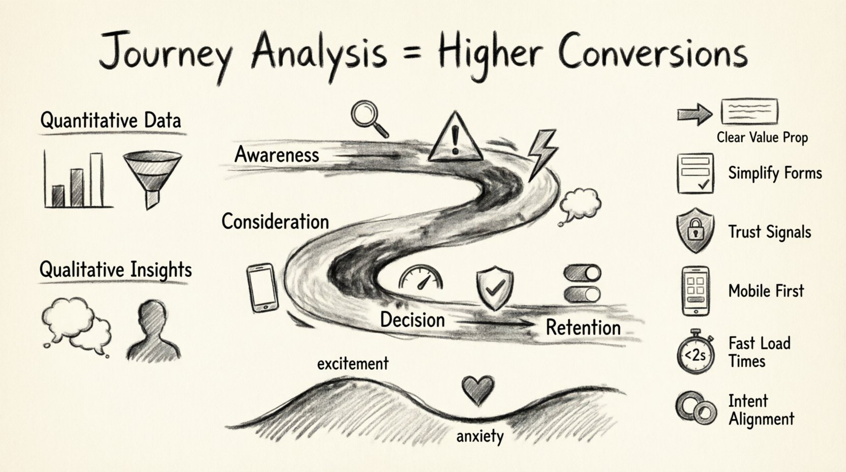 Charcoal sketch infographic illustrating customer journey analysis for conversion optimization, showing the four-stage path (Awareness, Consideration, Decision, Retention), friction point identification, six quick-win strategies including form simplification and mobile optimization, quantitative and qualitative data methods, and emotional journey mapping in monochrome contour art style