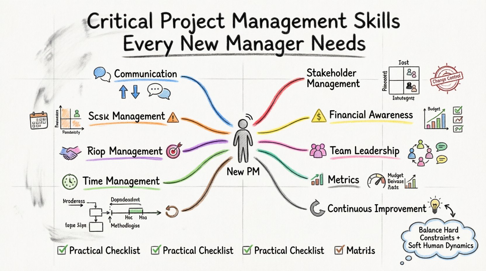 Hand-drawn whiteboard infographic illustrating 10 critical project management skills for new managers: communication, scope management, risk management, stakeholder management, time management, budgeting, team leadership, methodologies, metrics reporting, and continuous improvement, with color-coded markers, icons, and a practical checklist