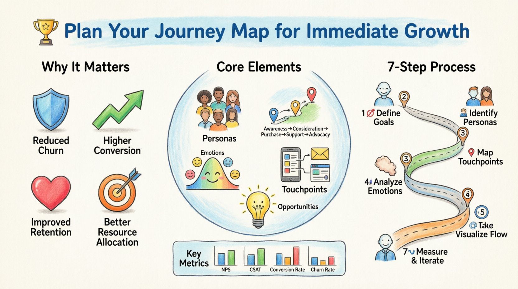 Cartoon-style infographic summarizing how to plan a customer journey map for business growth, featuring 7 key steps (define goals, identify personas, map touchpoints, analyze emotions, visualize flow, take action, measure results), core elements including personas and stages, business benefits like reduced churn and higher conversion, and essential metrics to track - all illustrated with friendly icons and a colorful 16:9 layout