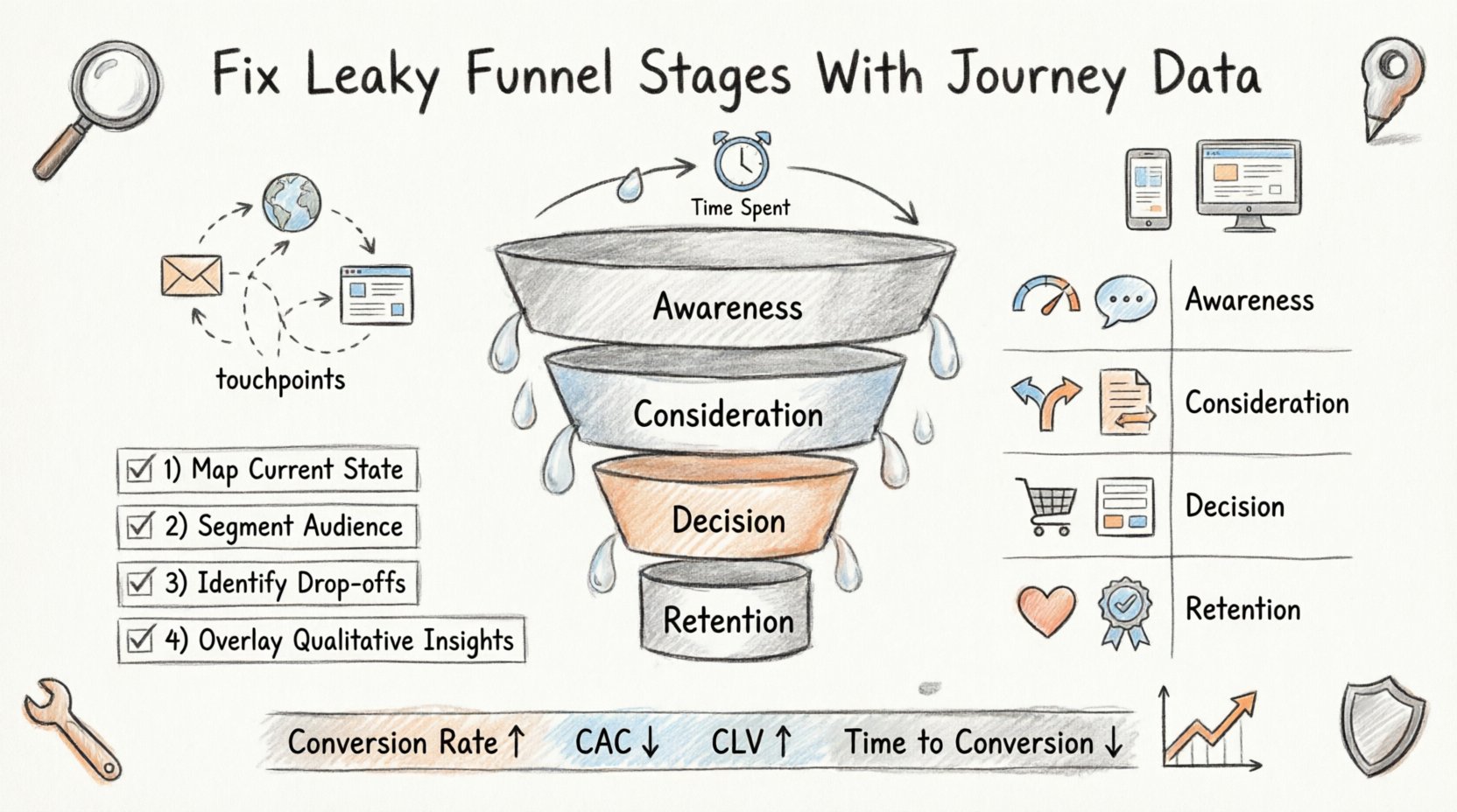 Hand-drawn infographic illustrating how to fix leaky marketing funnel stages using journey data, featuring four funnel stages (Awareness, Consideration, Decision, Retention) with leak indicators, journey data components (touchpoints, sequence, time, device), a 4-step analysis framework, stage-specific remediation strategies, and key metrics including conversion rate, CAC, CLV, and time to conversion