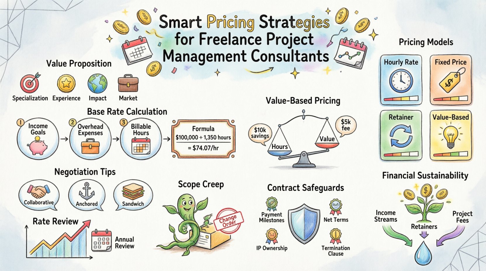 Whimsical infographic illustrating smart pricing strategies for freelance project management consultants, featuring value proposition icons, four pricing models comparison (hourly, fixed, retainer, value-based), step-by-step base rate calculation formula, value-based pricing concepts, negotiation techniques, scope creep management tips, contractual safeguards, rate review guidance, and financial sustainability advice in a playful hand-drawn watercolor style with bright colors and clear English labels