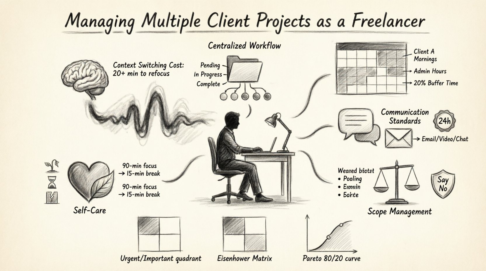 Charcoal sketch infographic illustrating strategies for freelancers managing multiple client projects: central workflow hub with sections on context switching costs (20+ min refocus time), centralized task management with status tracking, time blocking schedules with 20% buffer zones, communication standards across email/video/chat channels, scope management with written agreements and change request protocols, prioritization frameworks (Eisenhower Matrix, Pareto Principle), and self-care practices to prevent burnout—all rendered in hand-drawn contour style with sketched icons, soft shading, and clear visual hierarchy on 16:9 layout