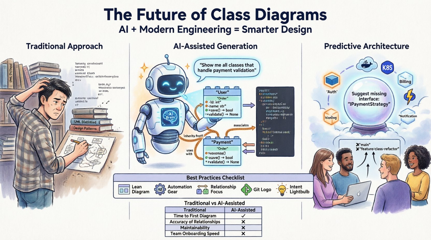 Cartoon infographic illustrating the evolution of class diagrams in software engineering: from traditional manual UML modeling with documentation challenges, through AI-powered automation featuring reverse engineering and natural language to design, to future predictive architecture with real-time synchronization, microservices support, and human-AI collaboration best practices