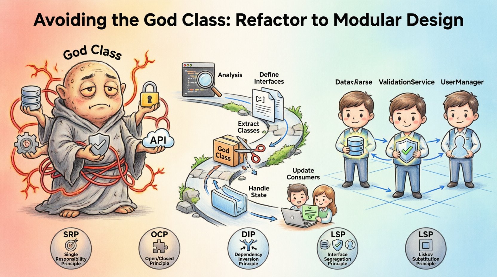 Chibi-style infographic illustrating how to refactor a God Class anti-pattern into modular services: left side shows an overwhelmed chibi monster with multiple arms holding database, auth, and validation icons representing a bloated class with tangled dependencies; right side displays happy specialized chibi characters for DataService, ValidationService, and UserManager connected by clean lines; center features a 5-step refactoring path (Analysis, Define Interfaces, Extract Classes, Handle State, Update Consumers) with SOLID principle badges (SRP, OCP, DIP, Interface Segregation); color gradient transitions from warning reds to calm blues to visually represent the journey from chaos to maintainable architecture