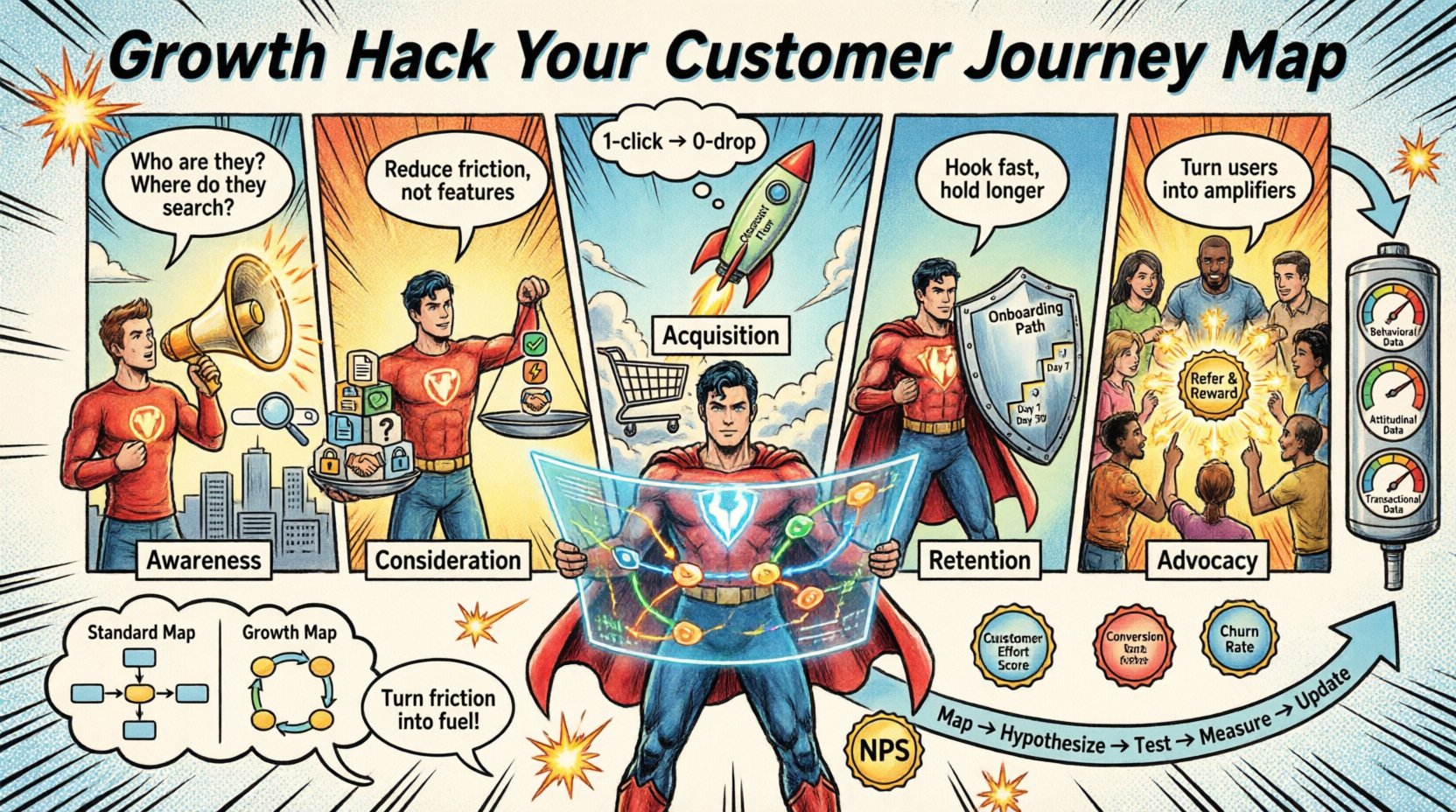Comic book style infographic illustrating how to transform customer journey maps into growth engines through data-driven experimentation, featuring the five stages: awareness, consideration, acquisition, retention, and advocacy, with data integration, optimization levers, and iterative feedback loops