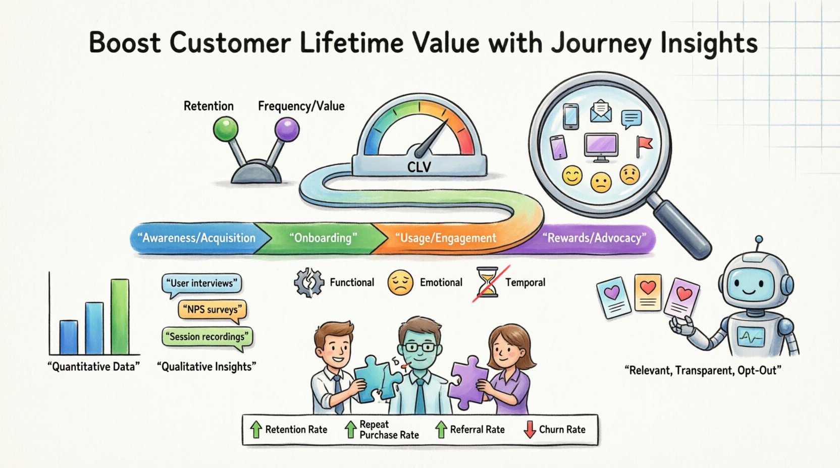 Cartoon infographic illustrating how customer journey insights boost lifetime value (CLV) through retention and frequency levers, mapping four journey stages (awareness, onboarding, engagement, advocacy), identifying friction types (functional, emotional, temporal), leveraging quantitative and qualitative data, enabling ethical personalization, aligning cross-functional teams, and tracking ROI metrics like retention rate and churn reduction