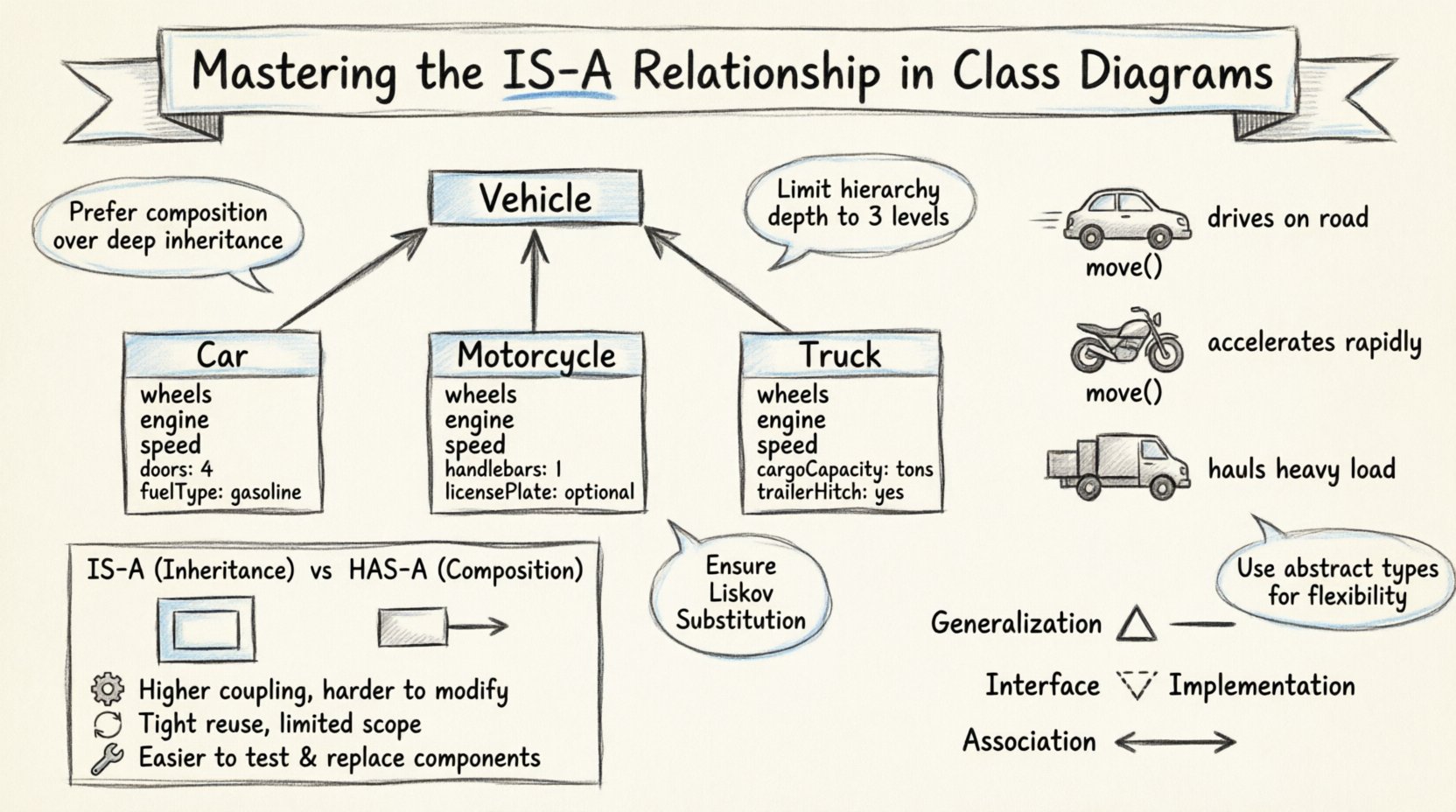 Sketch-style educational infographic illustrating inheritance and polymorphism in object-oriented programming: features a UML class hierarchy with Vehicle parent class and Car/Motorcycle/Truck subclasses connected by hollow triangle generalization arrows, demonstrates polymorphic method behavior, compares IS-A inheritance versus HAS-A composition relationships, includes UML notation legend and key design best practices for scalable software architecture