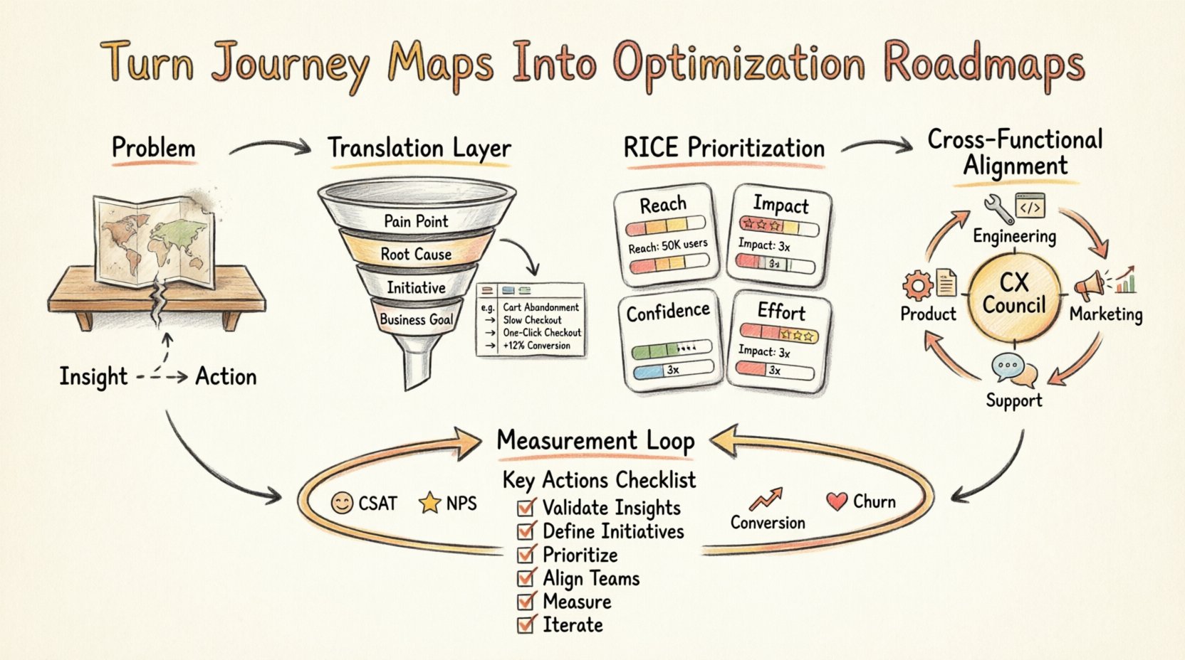 Hand-drawn infographic illustrating the process of transforming static customer journey maps into dynamic optimization roadmaps, featuring root cause analysis, RICE prioritization framework (Reach, Impact, Confidence, Effort), cross-functional CX council alignment, KPI measurement loops, and six key action steps for continuous customer experience improvement
