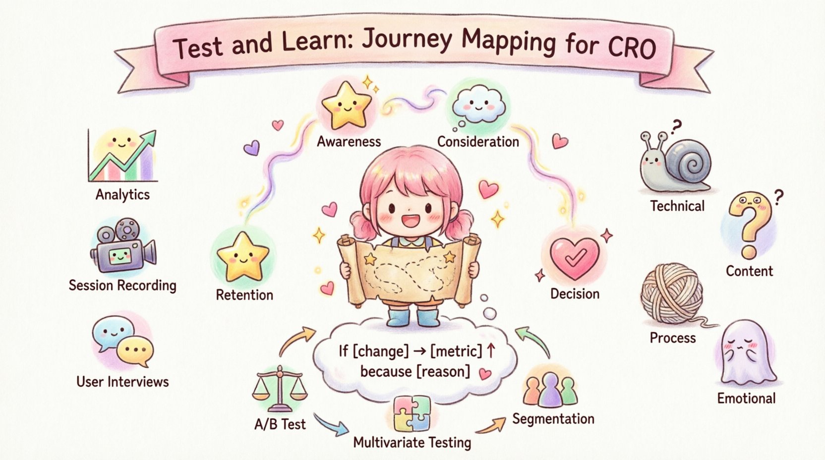 Kawaii-style infographic illustrating journey mapping for conversion rate optimization, featuring a cute explorer character, four user journey stages (awareness, consideration, decision, retention), quantitative and qualitative data sources, four friction types with adorable icons, hypothesis formula, and testing cycle - all in soft pastel colors with hearts and sparkles