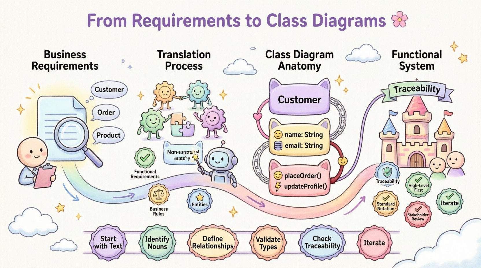 Cute kawaii-style infographic illustrating the workflow for translating business requirements into functional class diagrams. Four-step pastel-colored flow: (1) Business Requirements section with document icon and magnifying glass identifying key nouns like Customer, Order, and Product; (2) Translation Process showing puzzle pieces and friendly gear characters converting text requirements into structural elements; (3) Class Diagram Anatomy featuring rounded class boxes with attributes, methods, visibility symbols, and cute relationship connectors for association, aggregation, composition, and inheritance; (4) Functional System outcome with traceability ribbon linking back to requirements. Bottom banner displays six key takeaway badges: Start with Text, Identify Nouns, Define Relationships, Validate Types, Check Traceability, and Iterate. Soft pastel palette of lavender, mint green, peach, and baby blue with simplified vector shapes, rounded edges, and playful decorative elements like stars and sparkles. Title reads: From Requirements to Class Diagrams.