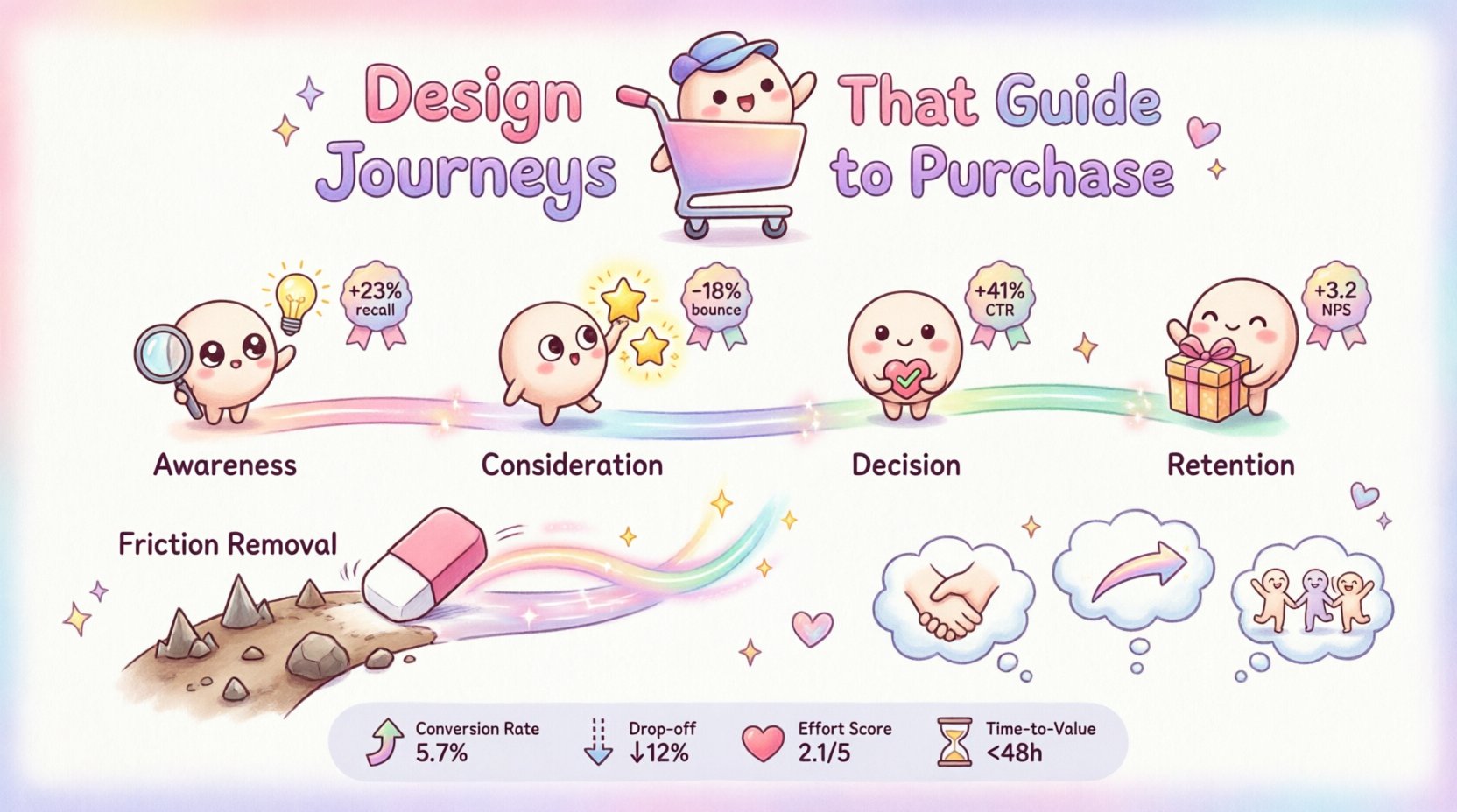 Kawaii-style infographic illustrating the customer journey that guides buyers to purchase, featuring four conversion stages (Awareness, Consideration, Decision, Retention) with cute characters and pastel icons, plus key psychology principles (trust accumulation, cognitive ease, social validation), friction removal strategies, and essential metrics for optimizing digital buyer pathways in a playful, accessible visual format