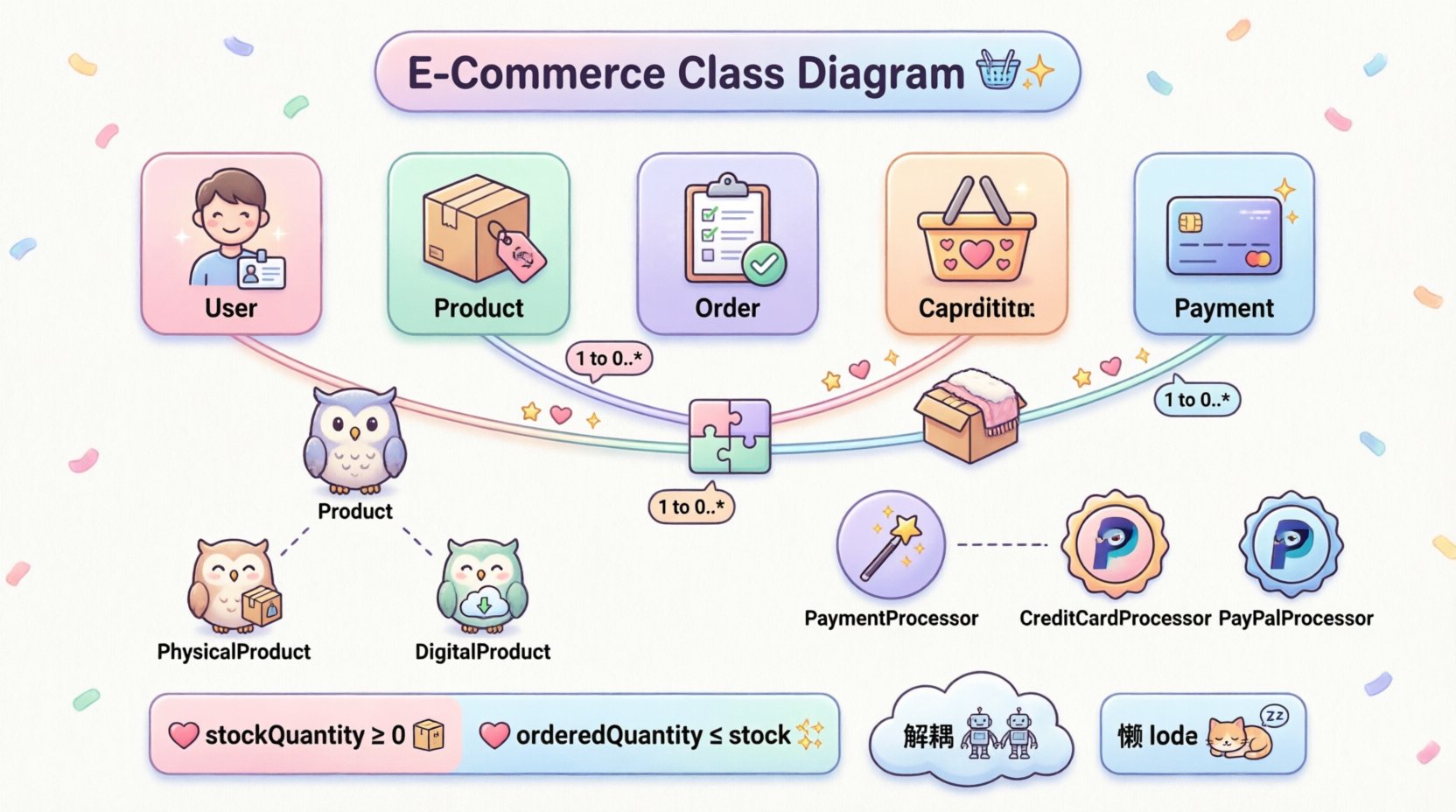Cute kawaii-style infographic illustrating an e-commerce platform UML class diagram with pastel-colored vector icons for User, Product, Order, CartItem, and Payment entities, showing relationships, inheritance patterns, interface implementations, and business constraints using simplified rounded shapes, soft connector lines with decorative hearts and stars, and minimal English text labels on a clean white background with subtle confetti pattern
