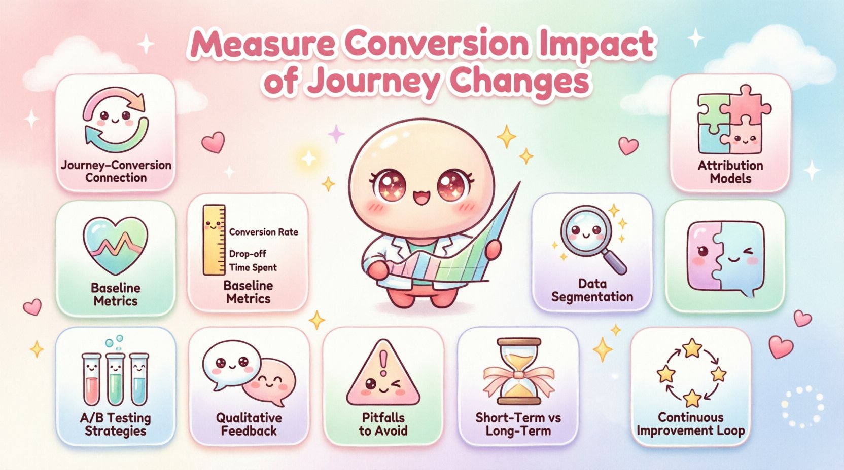 Kawaii-style infographic summarizing how to measure conversion impact of customer journey changes, featuring cute pastel icons for baseline metrics, attribution models, A/B testing, data segmentation, qualitative feedback, common pitfalls, long-term analysis, and continuous improvement loop with adorable analytics mascot character