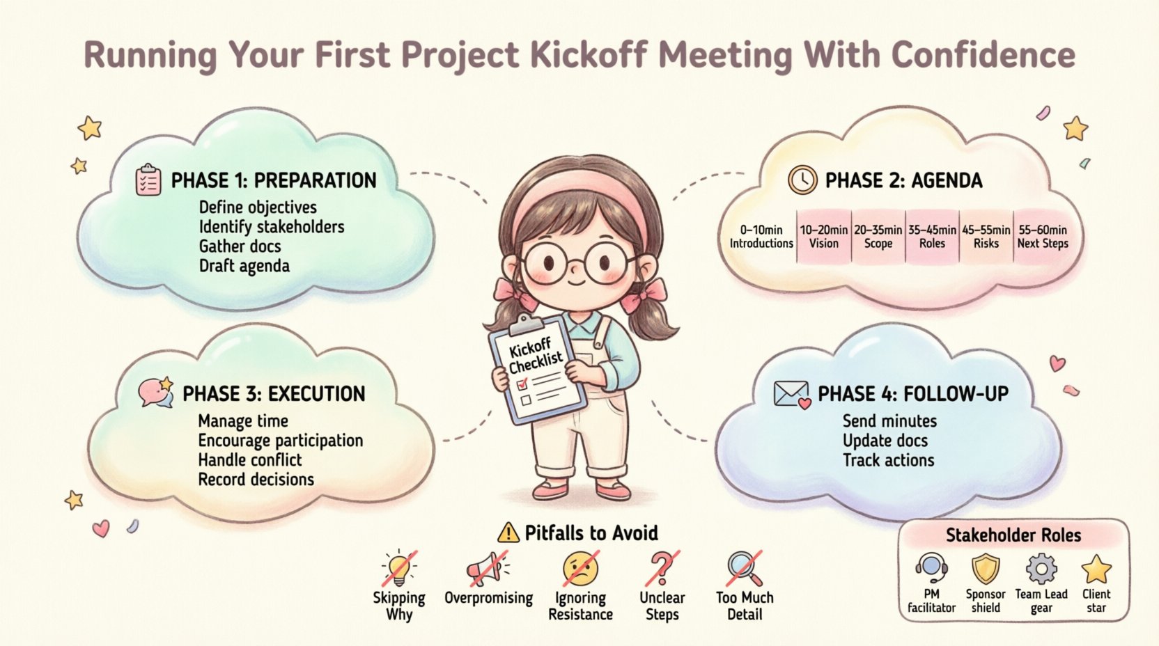 Kawaii-style infographic guide for running a confident first project kickoff meeting, featuring four phases: preparation, agenda structure, execution tips, and post-meeting follow-up, with cute chibi characters, pastel colors, timeline visuals, stakeholder roles, and common pitfalls to avoid