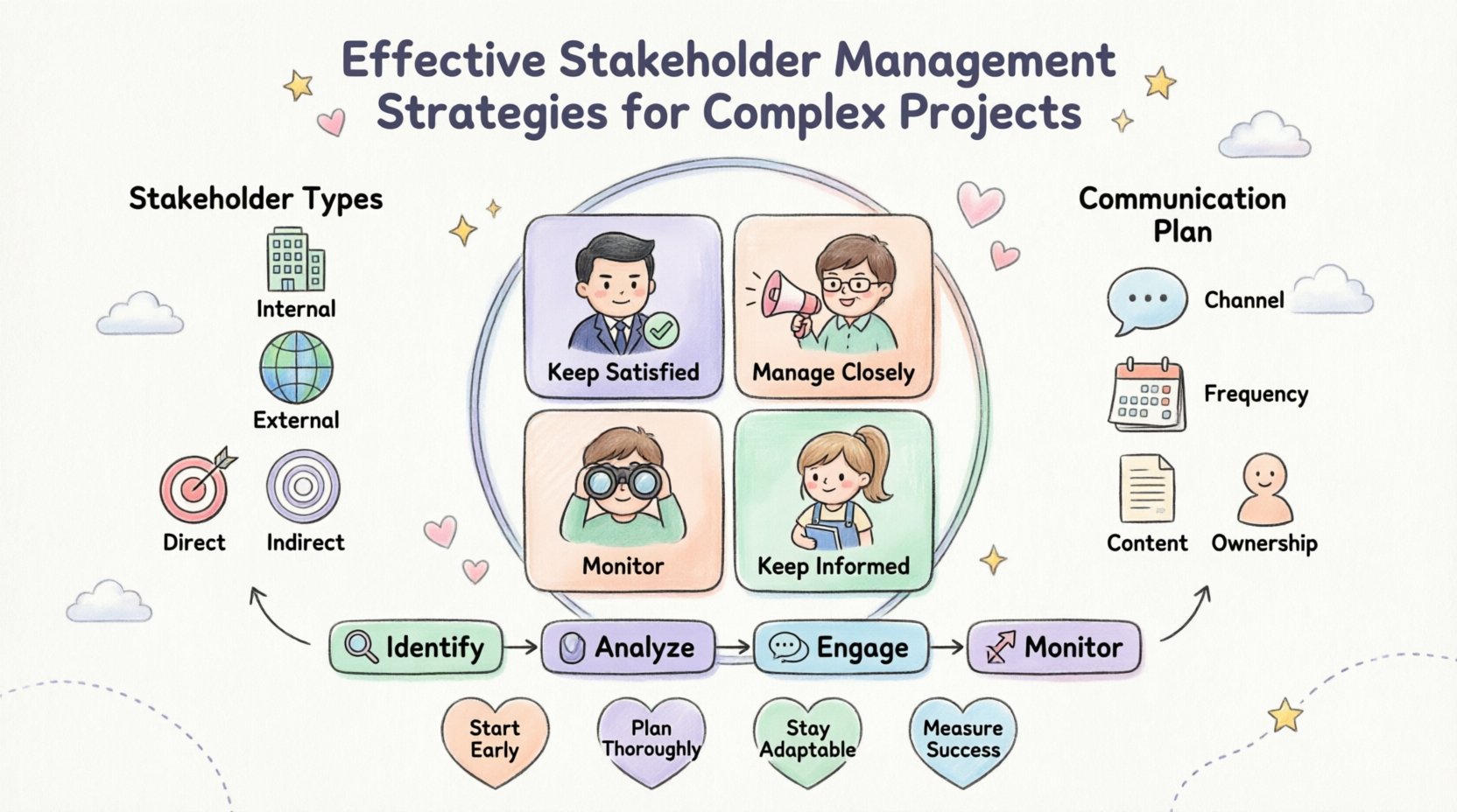 Cute kawaii-style infographic illustrating stakeholder management strategies for complex projects, featuring a pastel-colored power-interest matrix with four engagement quadrants, stakeholder categories, communication planning elements, relationship-building tips, and a step-by-step workflow with rounded vector icons in soft mint, lavender, and blush tones