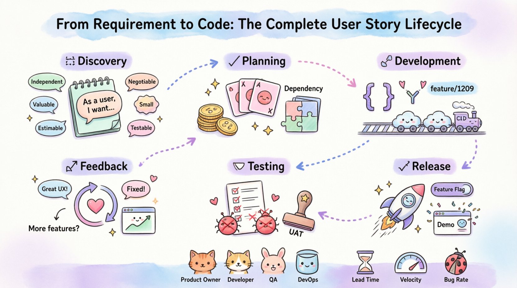 Kawaii-style infographic illustrating the complete user story lifecycle in software development: six phases from discovery to feedback, featuring cute chibi characters, INVEST criteria badges, agile planning elements, development workflow, testing checkpoints, release process, team roles, and key metrics - all in soft pastel colors with a 16:9 aspect ratio