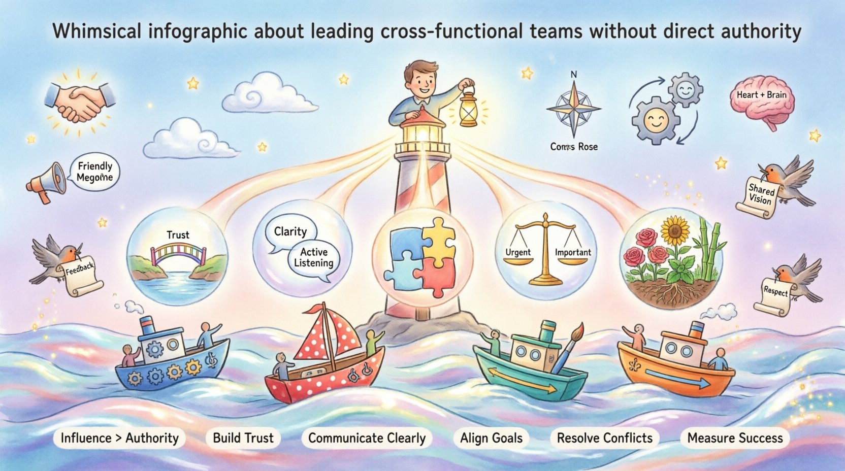Whimsical infographic illustrating strategies for leading cross-functional teams without direct authority: building trust through reliability, communicating with clarity, aligning incentives across departments, leveraging informal power sources (expert, referent, information, connection), resolving conflicts constructively, and measuring success beyond deadlines in matrix organizations