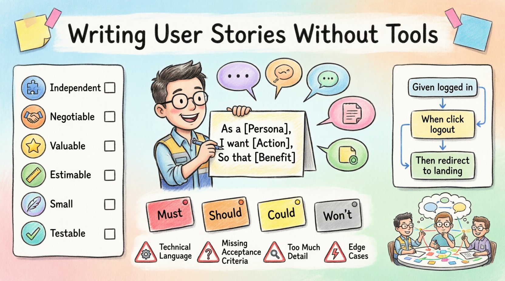 Cartoon infographic illustrating how to write user stories manually without digital tools: shows the 'As a/I want/So that' format on index cards, INVEST model validation checklist, Given/When/Then acceptance criteria examples, MoSCoW prioritization colors, and team collaboration around sticky notes for new Agile engineers