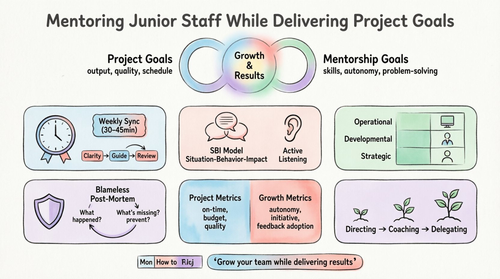Infographic illustrating strategies for mentoring junior staff while meeting project deadlines, featuring time management techniques, SBI communication model, delegation matrix, mistake-handling frameworks, and dual metrics for project success and employee growth in a clean flat design with pastel accent colors and rounded shapes