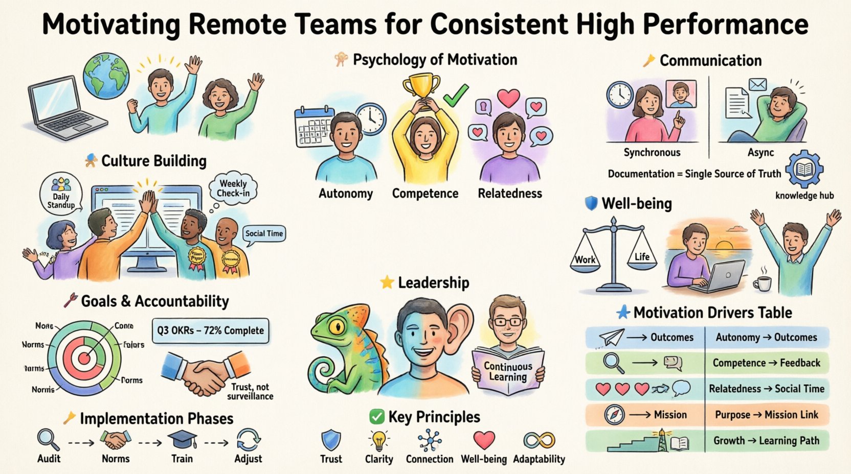 Cartoon infographic: Motivating Remote Teams for Consistent High Performance - visual guide covering psychology of motivation (autonomy, competence, relatedness), communication protocols (synchronous vs asynchronous), culture building rituals, well-being boundaries, goal-setting with OKRs, trust-based accountability, leadership empathy, and 4-phase implementation roadmap for distributed teams