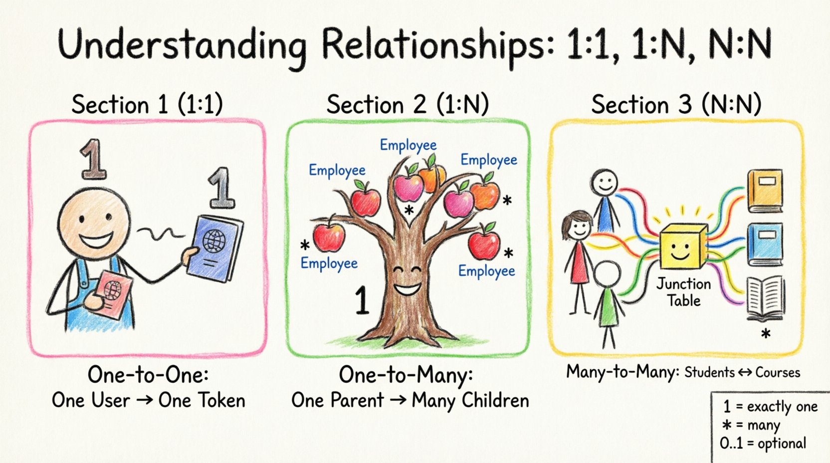 A playful child's drawing style infographic explaining class diagram multiplicity: one-to-one (1:1) shown as a person with one passport, one-to-many (1:N) as a tree with many apples, and many-to-many (N:N) as students connected to courses via a junction table, with simple UML notation symbols (1, *, 0..1) in bright crayon colors on a white background, teaching software architecture relationships in an intuitive visual way