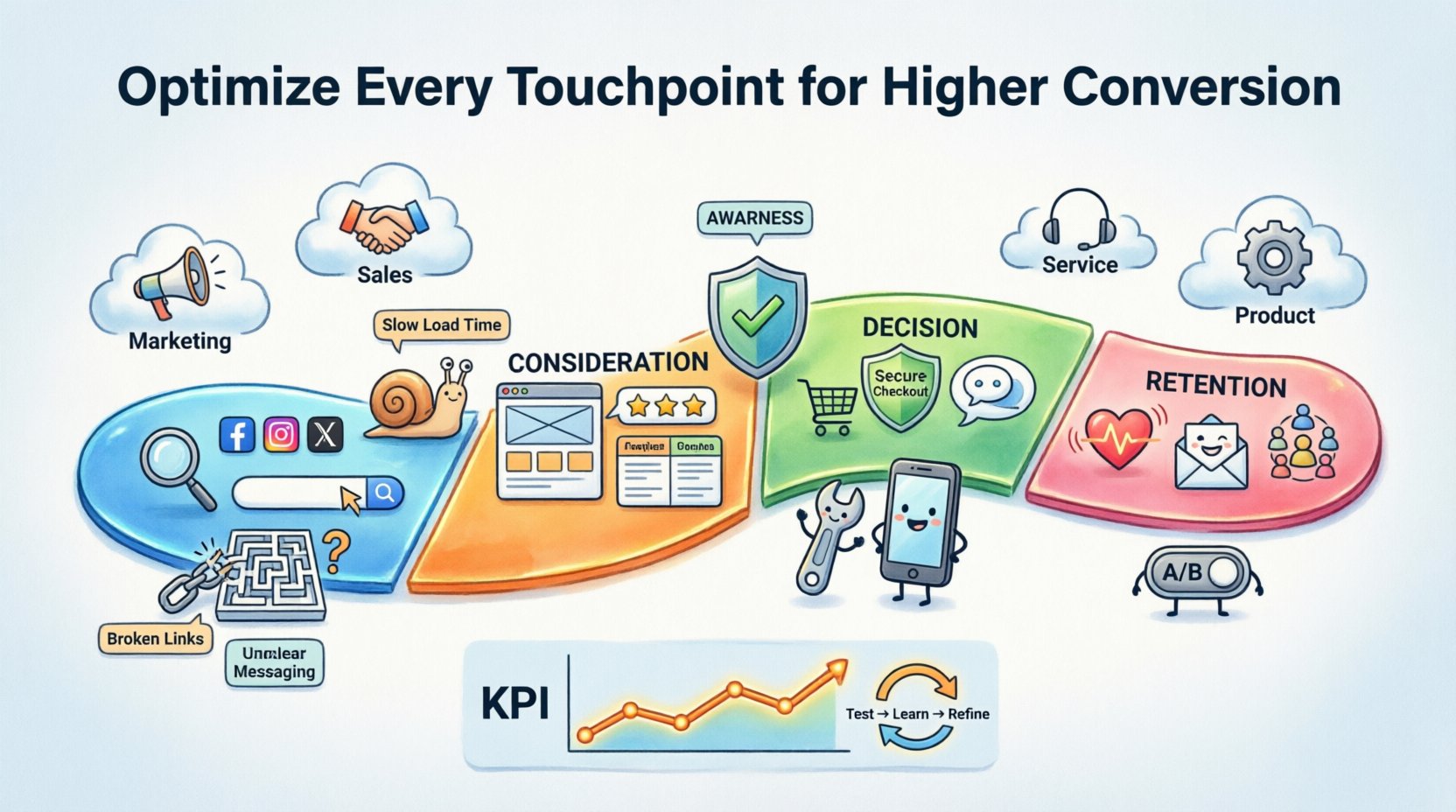 Cartoon infographic showing the customer journey optimization framework: four stages (Awareness, Consideration, Decision, Retention) with key touchpoints, friction points like slow load times and unclear messaging, and actionable strategies including refined messaging, streamlined navigation, trust signals, and mobile-first design for higher conversion rates