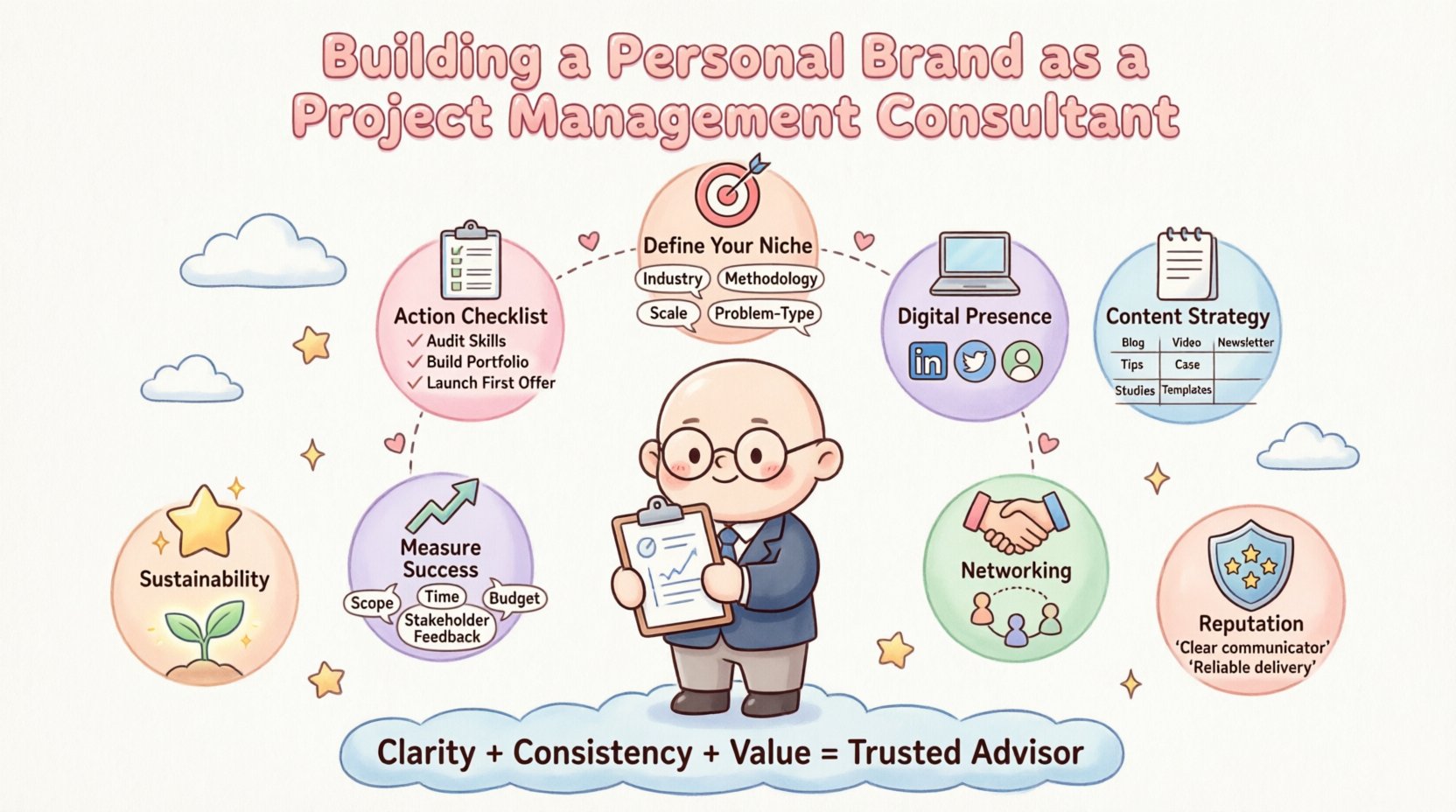 Kawaii-style infographic illustrating an 8-step guide for project management consultants to build a personal brand: define niche (industry, methodology, scale, problem-type), establish digital presence (optimized profiles, portfolio), develop content strategy (articles, visuals, consistency), engage in networking (peer groups, alumni, give-first approach), manage reputation (testimonials, feedback handling), measure success (KPIs: leads, traffic, engagement, referrals), ensure long-term sustainability (continuous learning, well-being), and implement actionable checklist. Features cute vector icons, pastel colors, rounded shapes, and a central chibi consultant character in 16:9 layout.