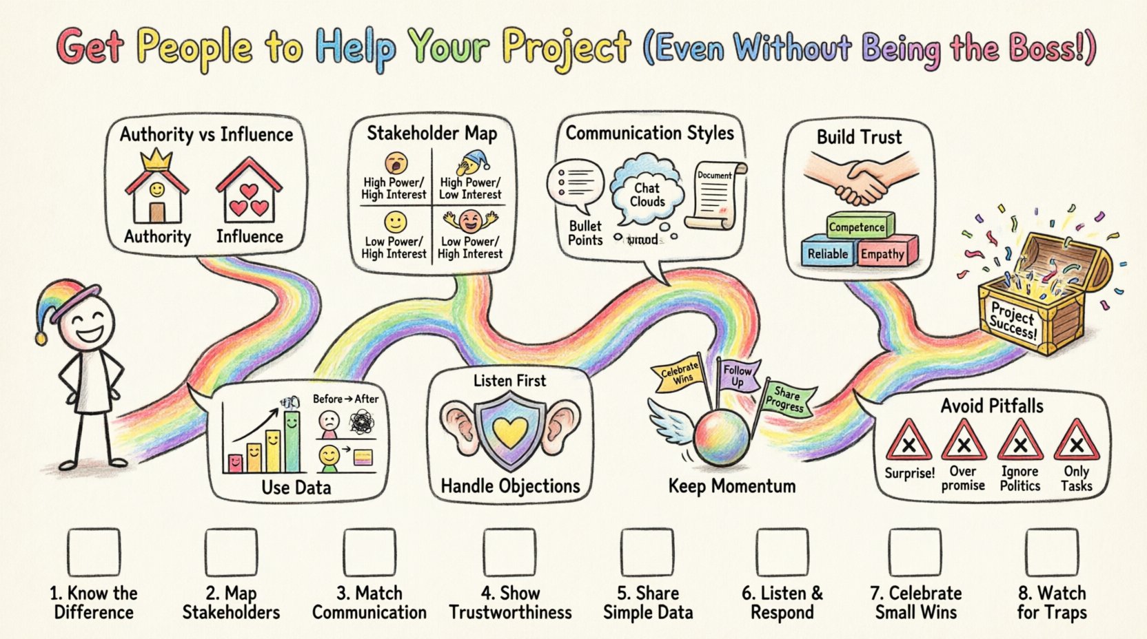 Child's drawing style infographic illustrating persuasion techniques for gaining project buy-in without authority, featuring a rainbow path through 8 key concepts: authority vs influence comparison, stakeholder power-interest matrix with smiley faces, communication adaptation strategies, trust-building blocks, data-driven persuasion charts, objection-handling shield, momentum maintenance visuals, and common pitfalls to avoid, ending with a treasure chest labeled Project Success, all rendered in bright crayon and marker aesthetic with playful hand-drawn elements