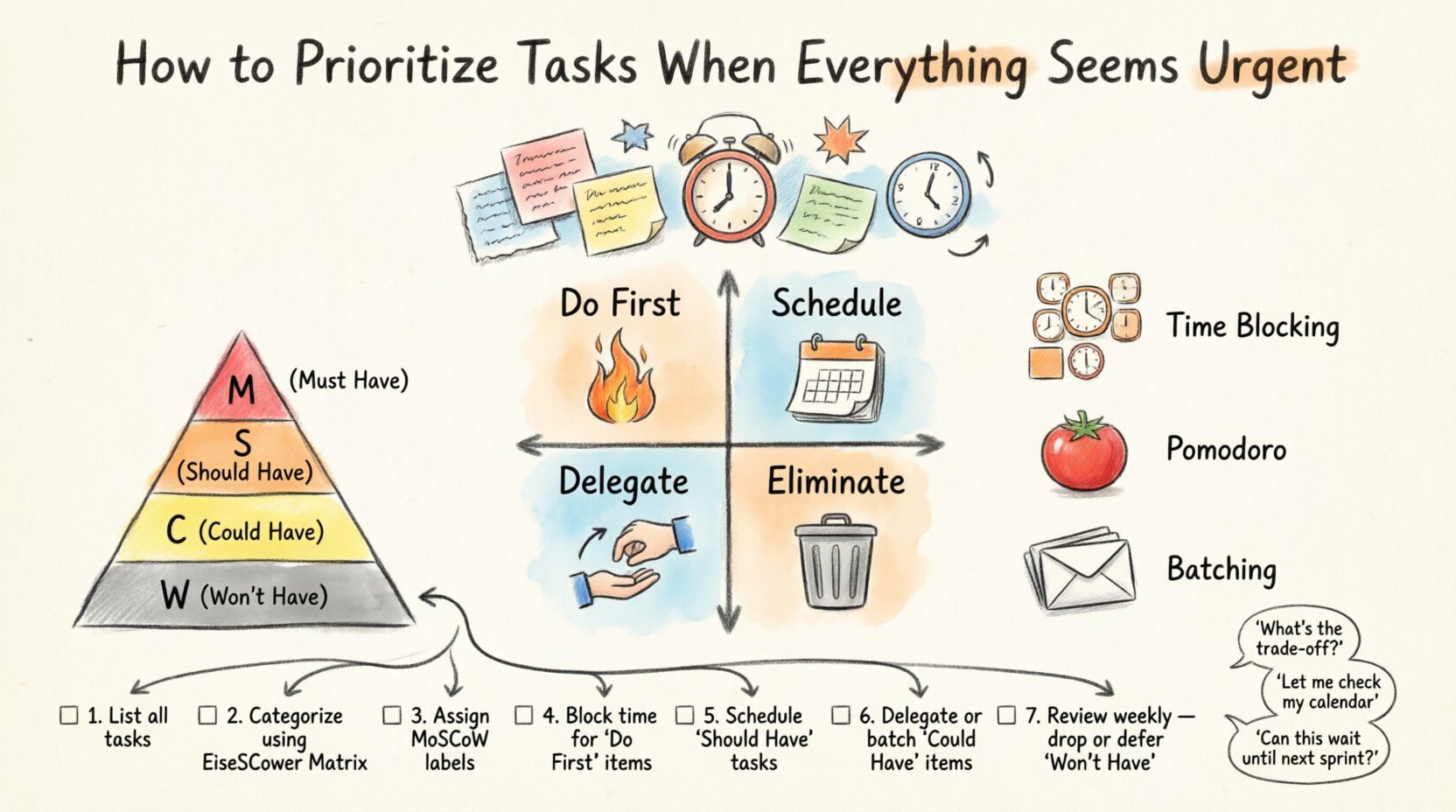 Hand-drawn infographic illustrating task prioritization strategies: features the Eisenhower Matrix with four quadrants (Do First, Schedule, Delegate, Eliminate), the MoSCoW method priority pyramid (Must/Should/Could/Won't Have), time management techniques including Time Blocking, Pomodoro Technique, and task batching, stakeholder negotiation tips, and a 7-step actionable checklist for managing overwhelming workloads when everything feels urgent
