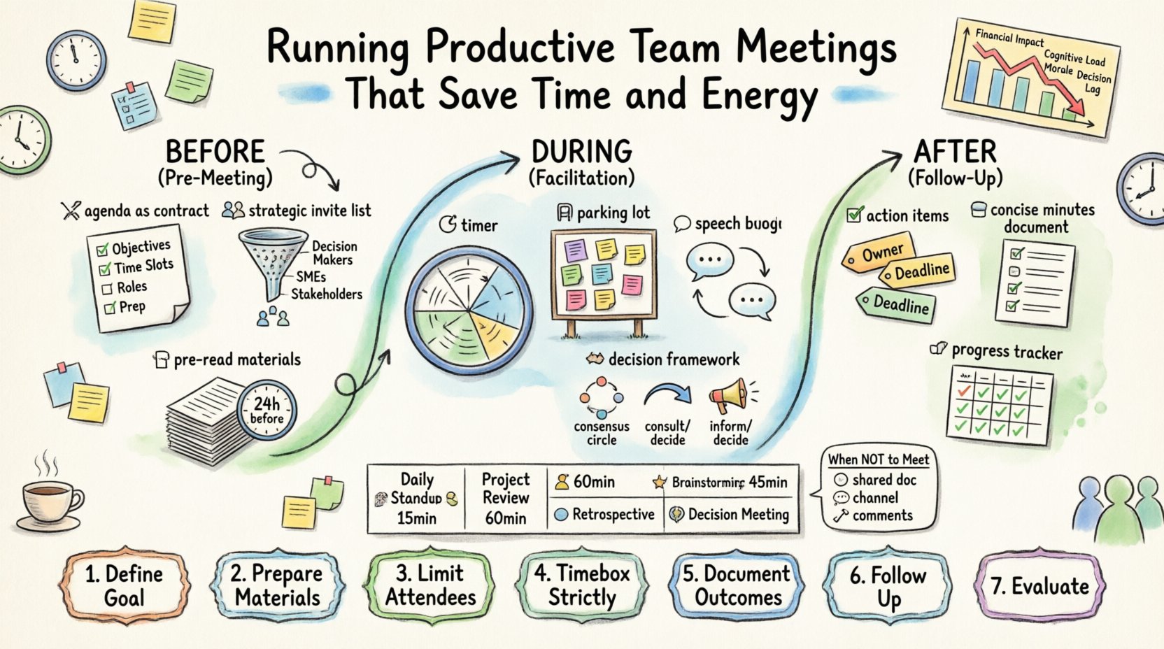 Hand-drawn infographic guide: Running Productive Team Meetings That Save Time and Energy. Visual workflow showing three-phase meeting framework: BEFORE (agenda as contract, strategic invite lists, pre-read materials), DURING (timeboxing, parking lot technique, balanced participation, decision frameworks), and AFTER (action items with owners, concise minutes, progress tracking). Includes meeting types reference table (Daily Standup, Project Review, Brainstorming, Retrospective, Decision Meeting), async alternatives checklist, cost-of-inefficiency warning metrics, and 7 key protocols summary. Sketch-style icons, watercolor accents, and doodle elements on 16:9 landscape layout for presentations and team training.